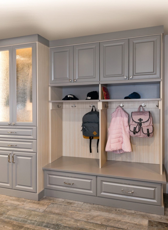 Gray Entryway Lockers with Storage Cabinets