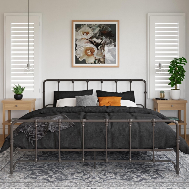 Gray Farmhouse Metal Bed with Modern Bedding