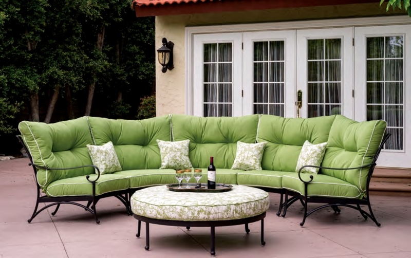 Green Crescent Patio Sofa Set with Round Ottoman