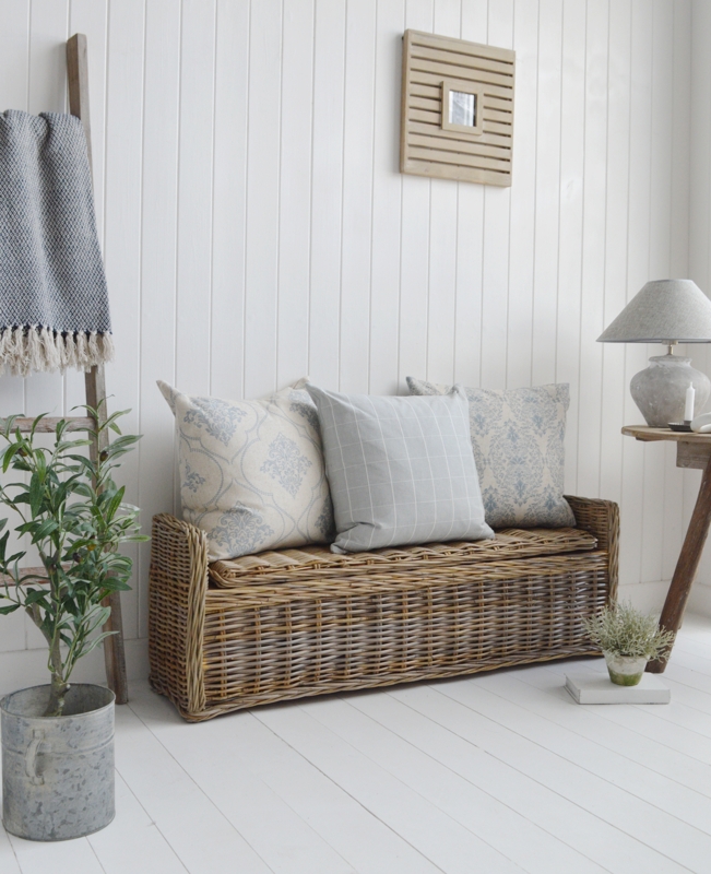 Grey Rattan Storage Bench with Cushions in Farmhouse Style