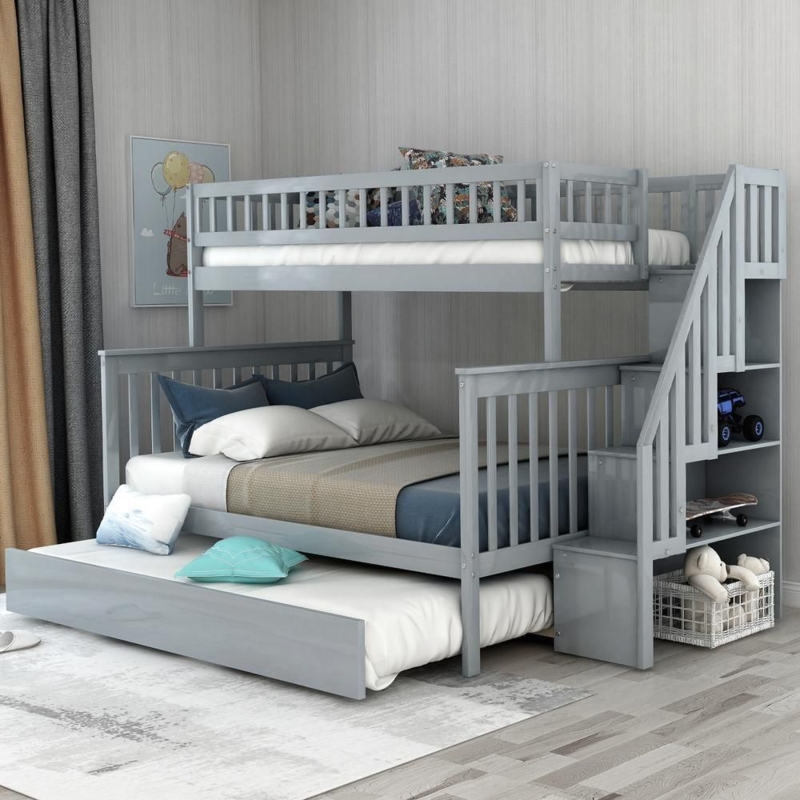 Grey Twin Over Full Stairway Bunk Bed with Storage