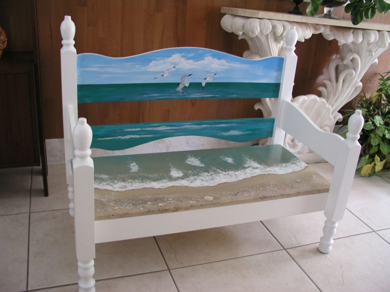 Hand-Painted Coastal Beach Bench with Seagulls