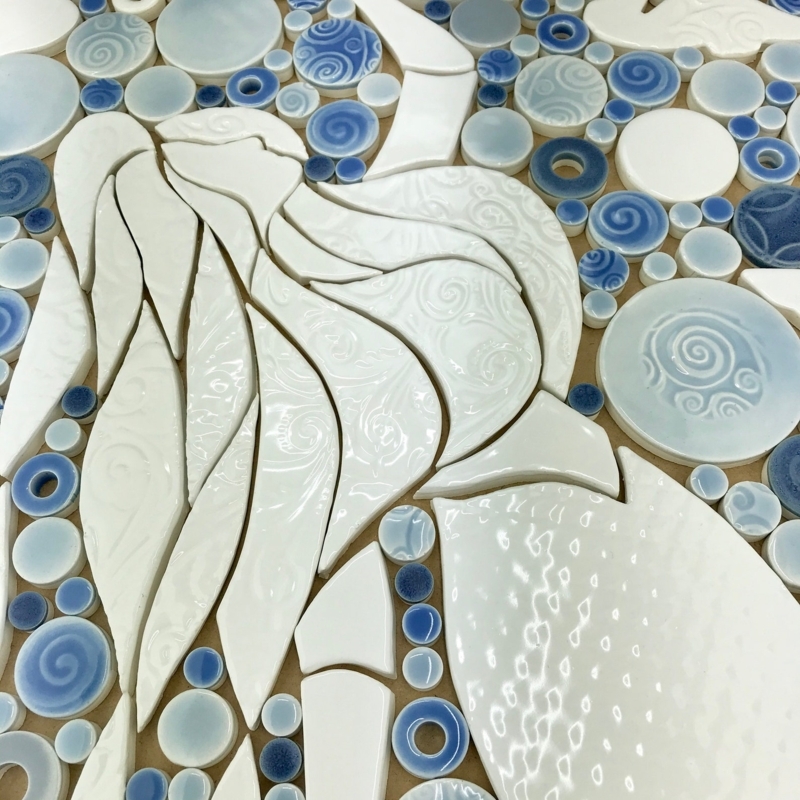 Handmade Mermaid Mosaic White and Blue Ceramic Tile