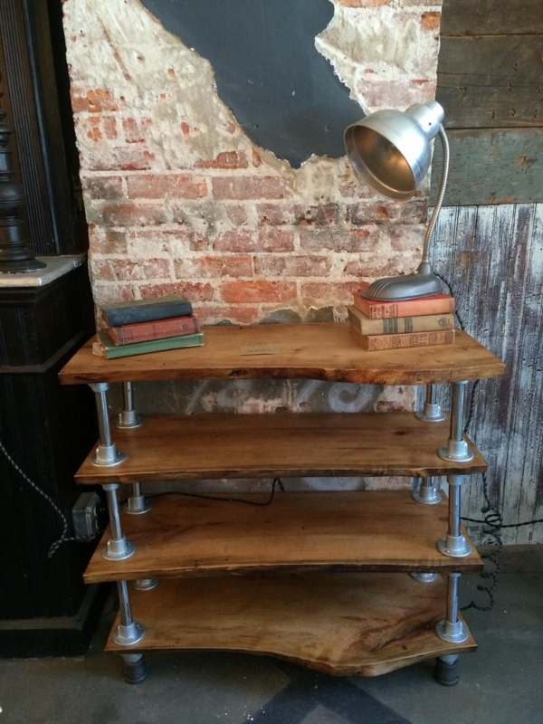 Handmade Reclaimed Live Edge Wood Bookcase with Metal Piping