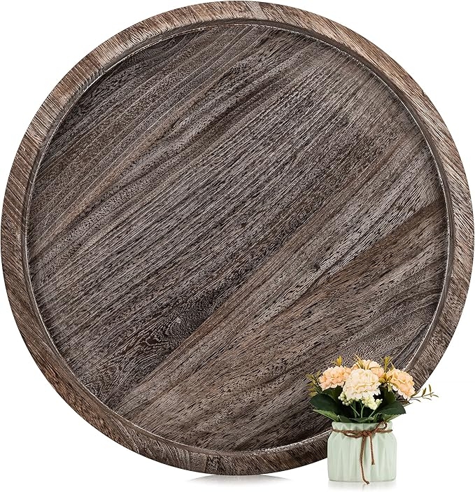Hanobe 24 Inch Round Wooden Ottoman Tray