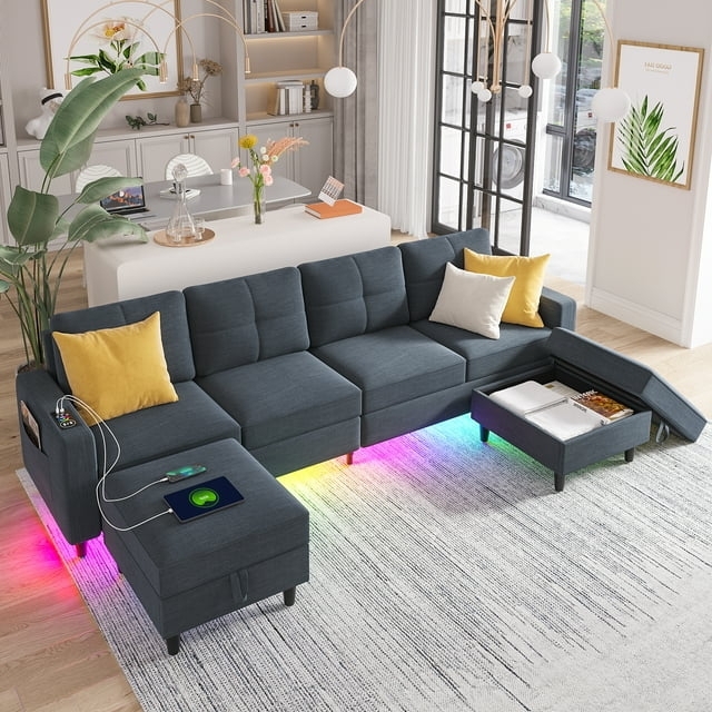 HNEBC Convertible 6-Seat Sectional Sofa with RGB LED Lights, Storage ...