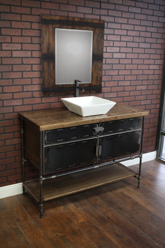 Industrial Bathroom Vanity with Metal Doors and Wood Top