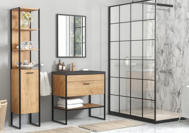 Industrial Black Steel Oak Bathroom Vanity Set
