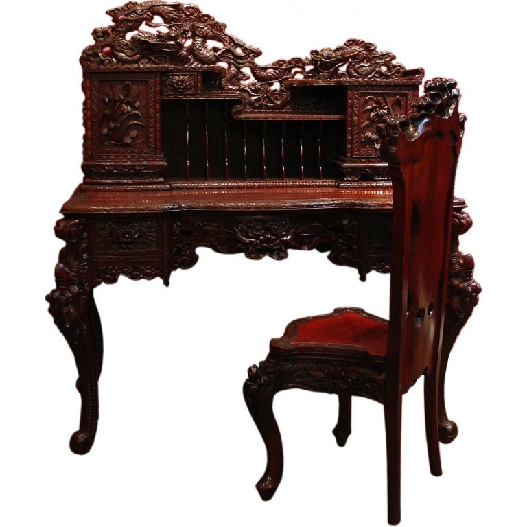 Intricately Carved Antique Japanese Writing Desk and Chair