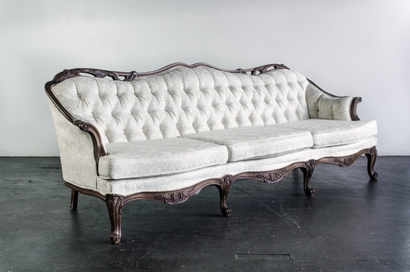 Ivory French Provincial Vintage Sofa with Carved Wood Details