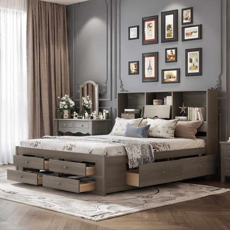 King Size Solid Wood Platform Bed with Storage