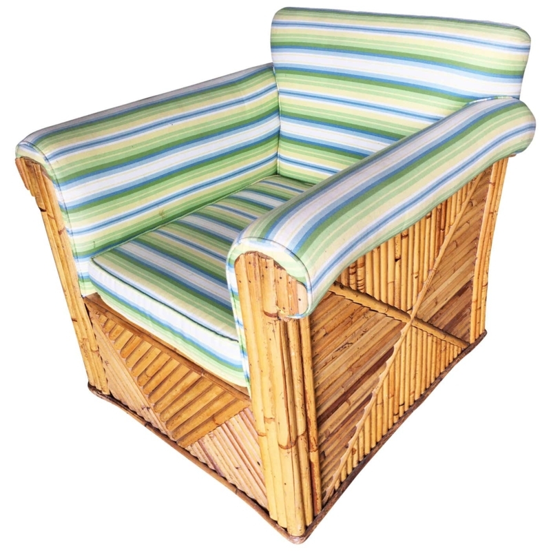 Large Rattan Club Lounge Chair with Striped Cushion