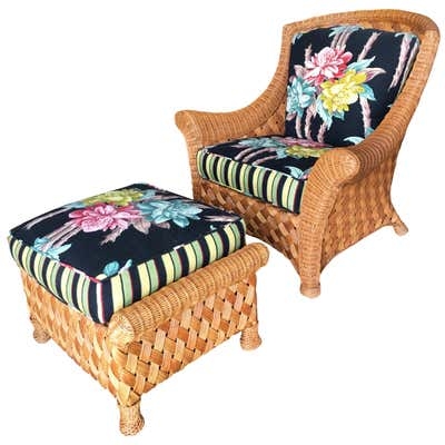 Large Rattan Lounge Chair with Floral Cushions