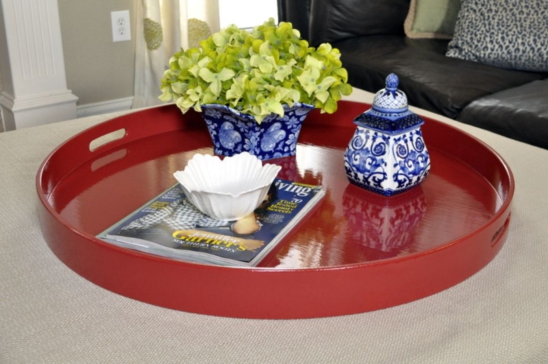 Large Red Round Ottoman Tray with Decor