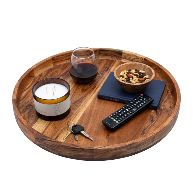 Large Round Acacia Wood Ottoman Serving Tray