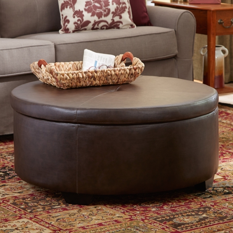Large Round Leather Ottoman with Woven Tray
