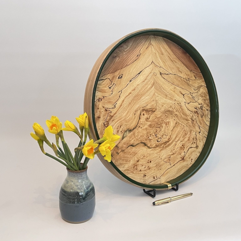 Large Round Spalted Wood Ottoman Tray with Green Edge