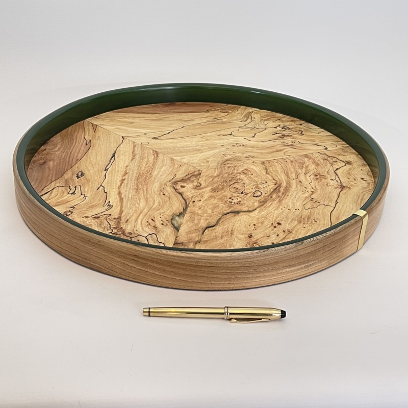 Large Round Spalted Wood Ottoman Tray with Green Trim