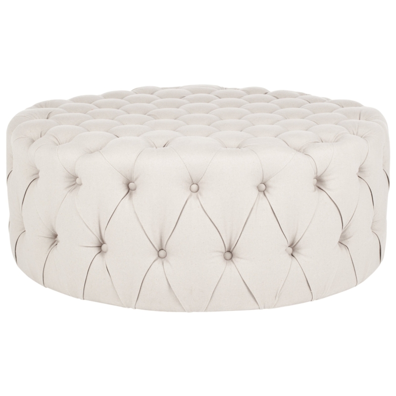 Large Tufted Round Ottoman in Neutral Beige