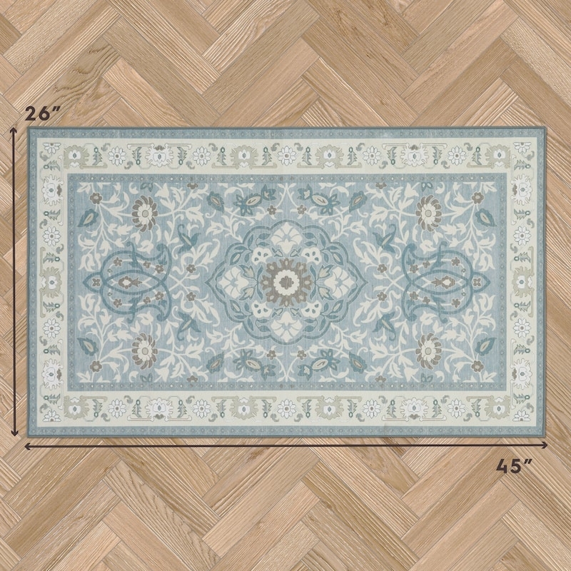 Laura Ashley Blue Floral Machine Washable Accent Rug