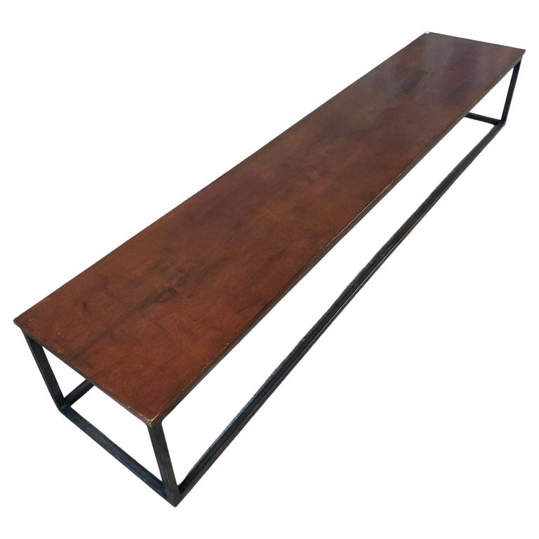 Long Narrow Antique Walnut Coffee Table with Steel Frame