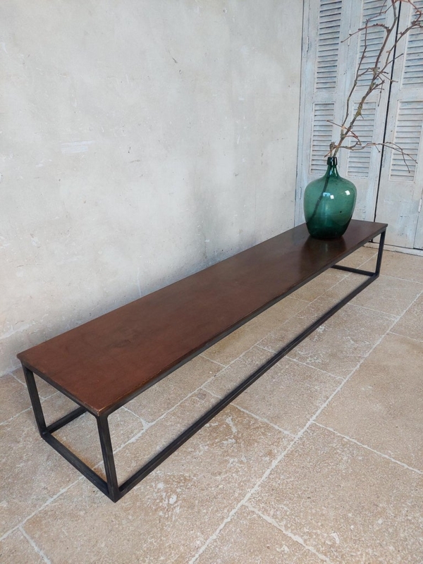 Long Narrow Antique Walnut Coffee Table with Steel Frame