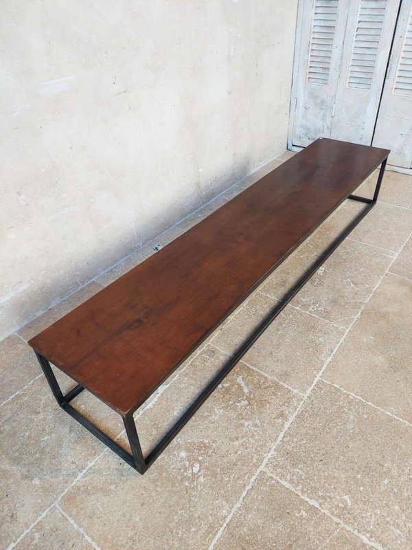 Long Narrow Walnut Coffee Table with Modern Steel Frame