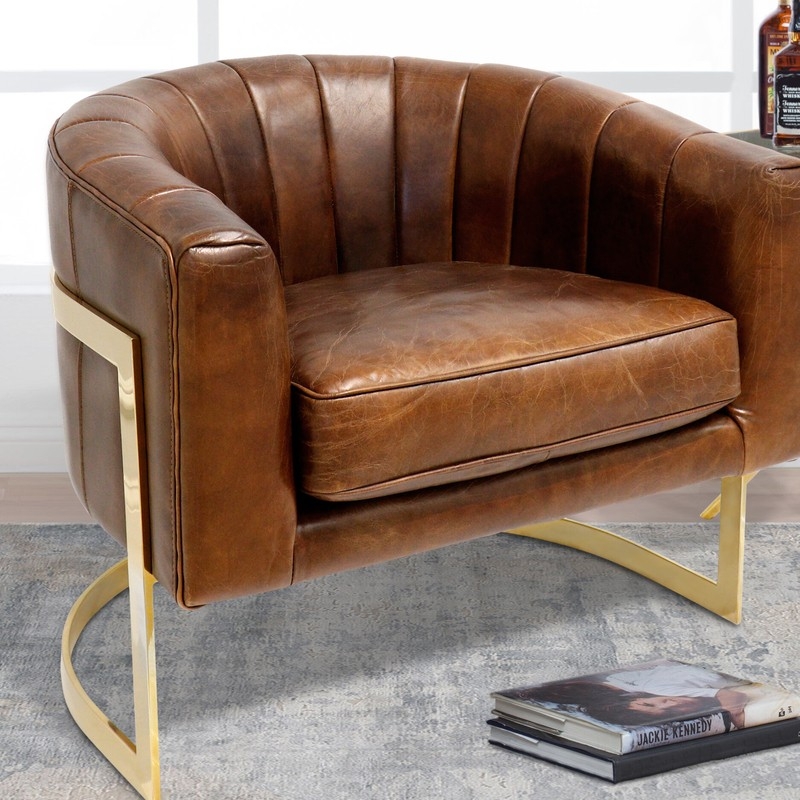 Luxurious Brown Leather Cigar Lounge Chair with Brass Frame