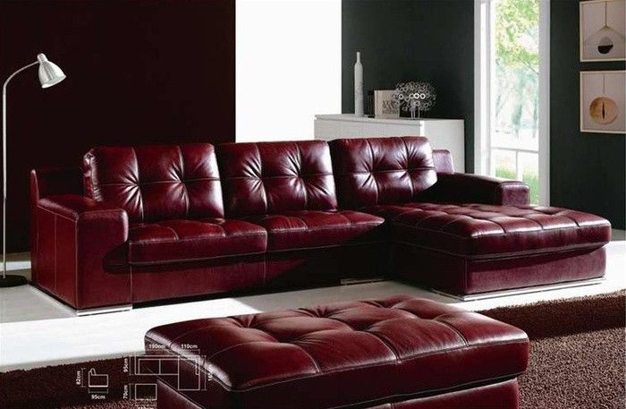 Maroon Leather Sectional Sofa with Ottoman