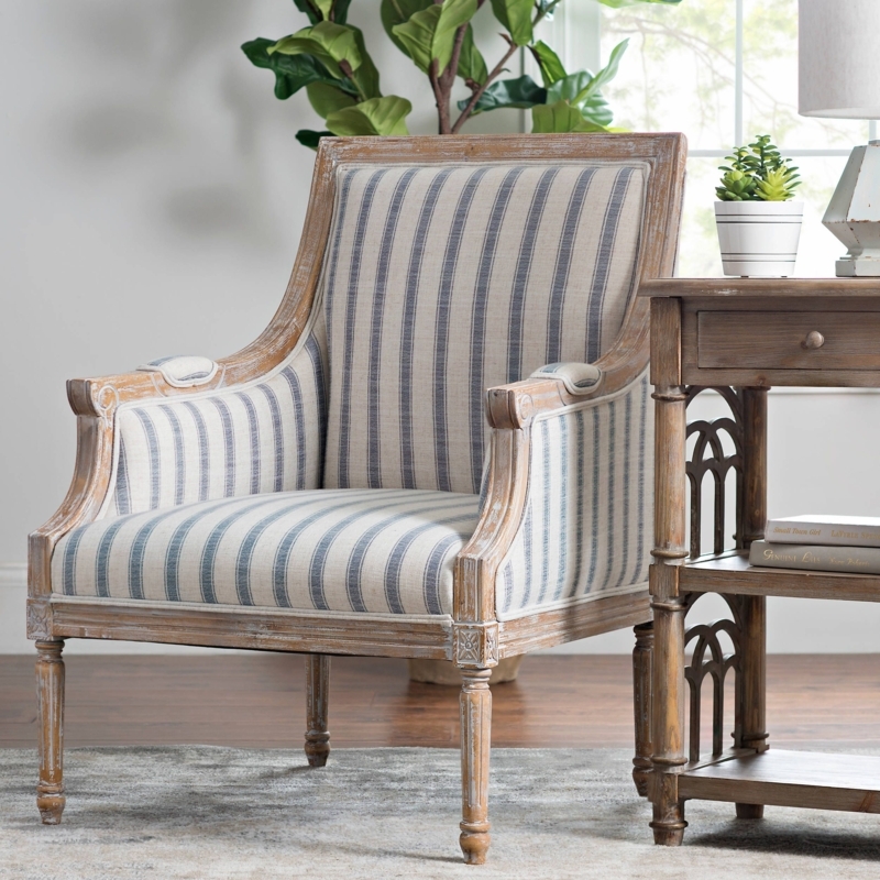 McKenna Blue Striped French Country Accent Chair