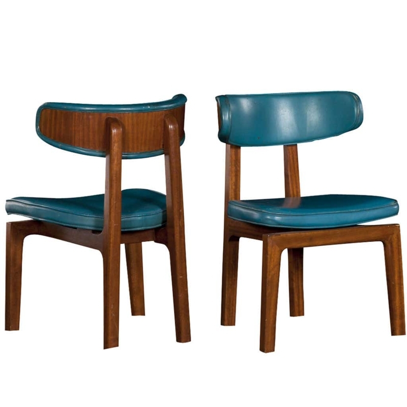 Mid-Century Blue Leather Dining Chairs with Wood Frames