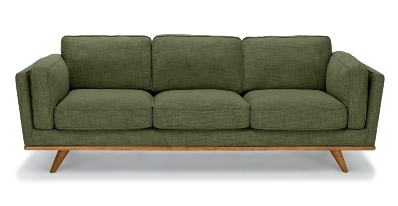 Mid Century Modern Olive Green Sofa with Wooden Legs