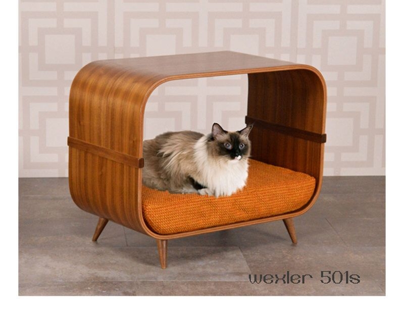 Mid Century Modern Wooden Cat Bed with Cushion