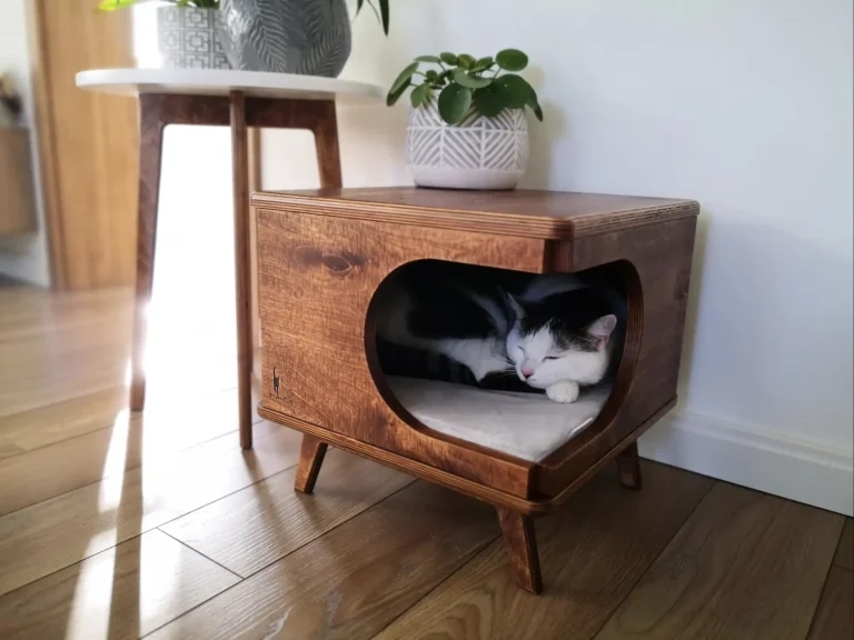 Mid-Century Modern Wooden Cat Furniture with Plant Stand
