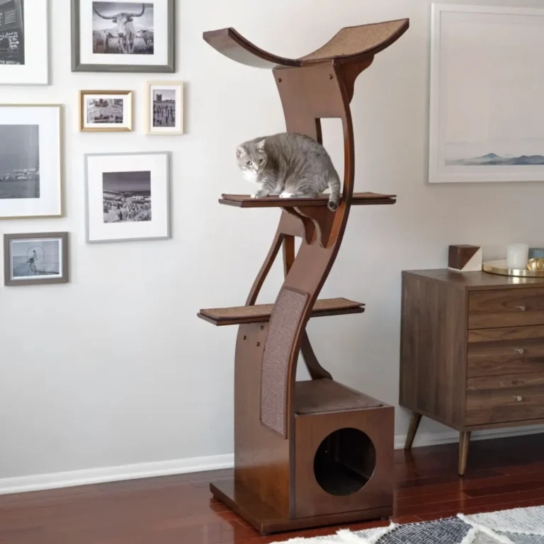 Mid-Century Modern Wooden Cat Tree with Shelves