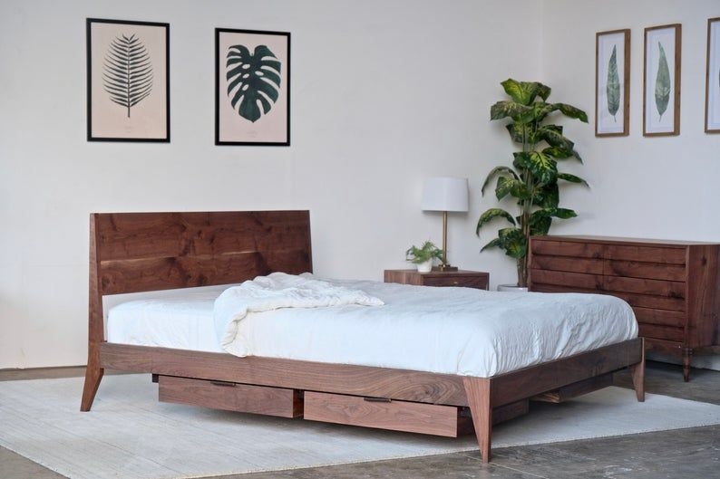 Mid Century Modern Wooden Platform Bed with Storage Drawers