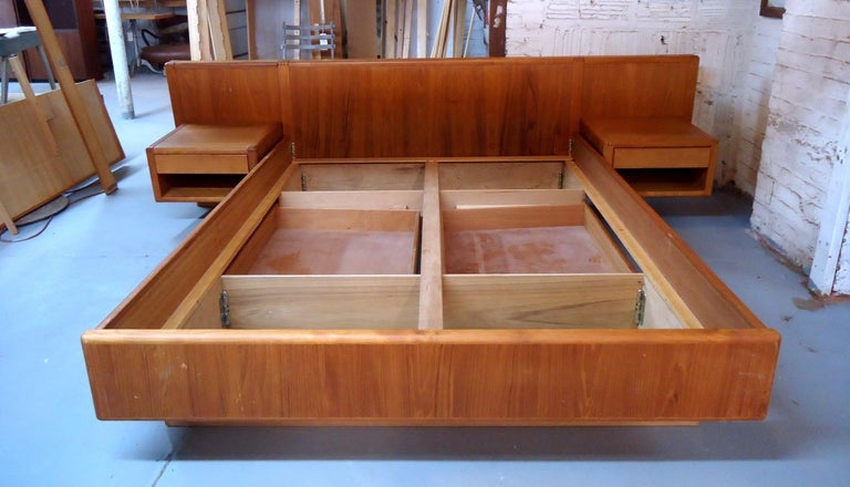 Mid-Century Modern Wooden Platform Bed with Storage Drawers