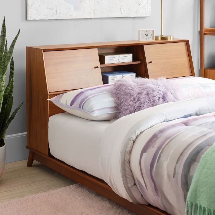Mid-Century Modern Wooden Storage Headboard Bed