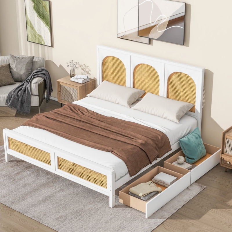 Mid-Century Queen Size Platform Bed with Storage Drawers