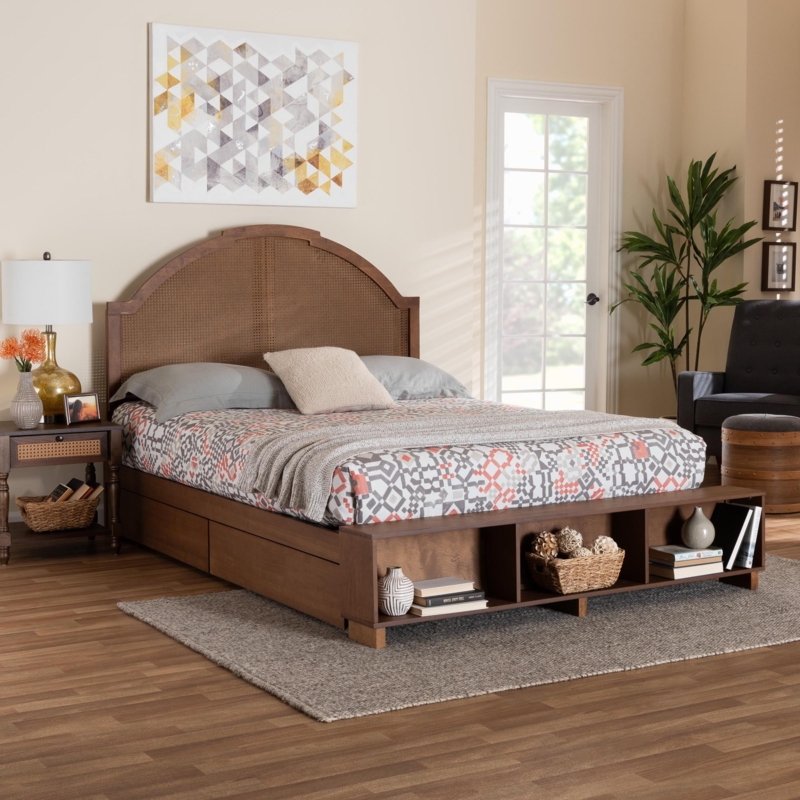 Mid-Century Walnut Brown Queen Storage Bed