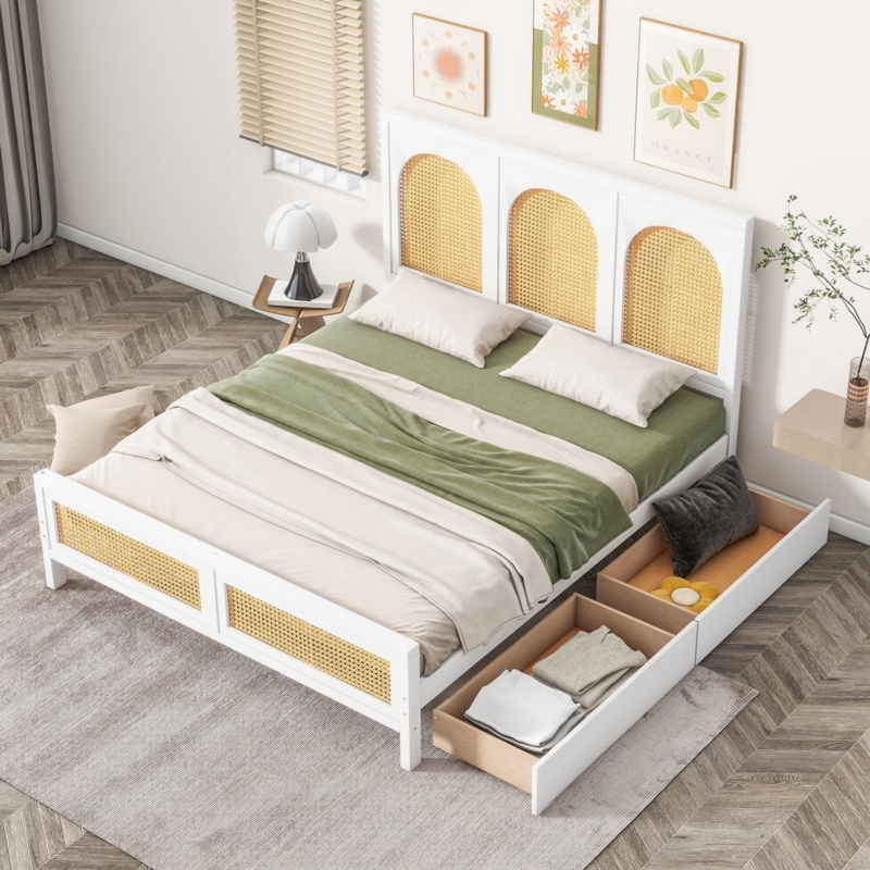 Mid-Century White Platform Bed with Storage Drawers
