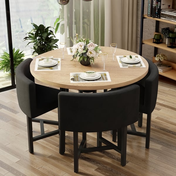 Modern 1000mm Round Wooden Dining Table with Grey Chairs