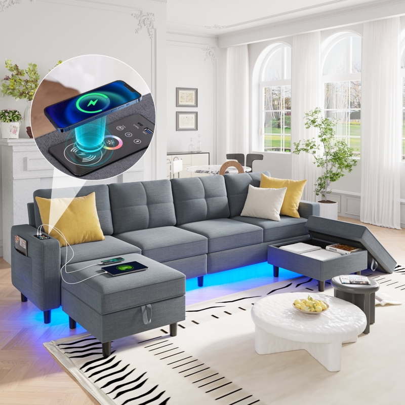 Modern 6-Seater Convertible Sectional Sofa with LED Lights