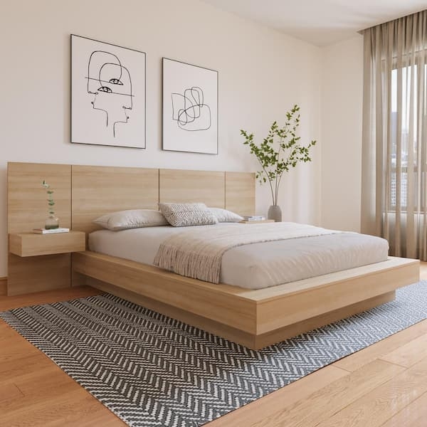 Modern Beige Oak Platform Bedroom Set with Floating Nightstands