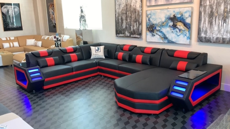 Modern Black and Red Leather Sectional Sofa with LED Lights