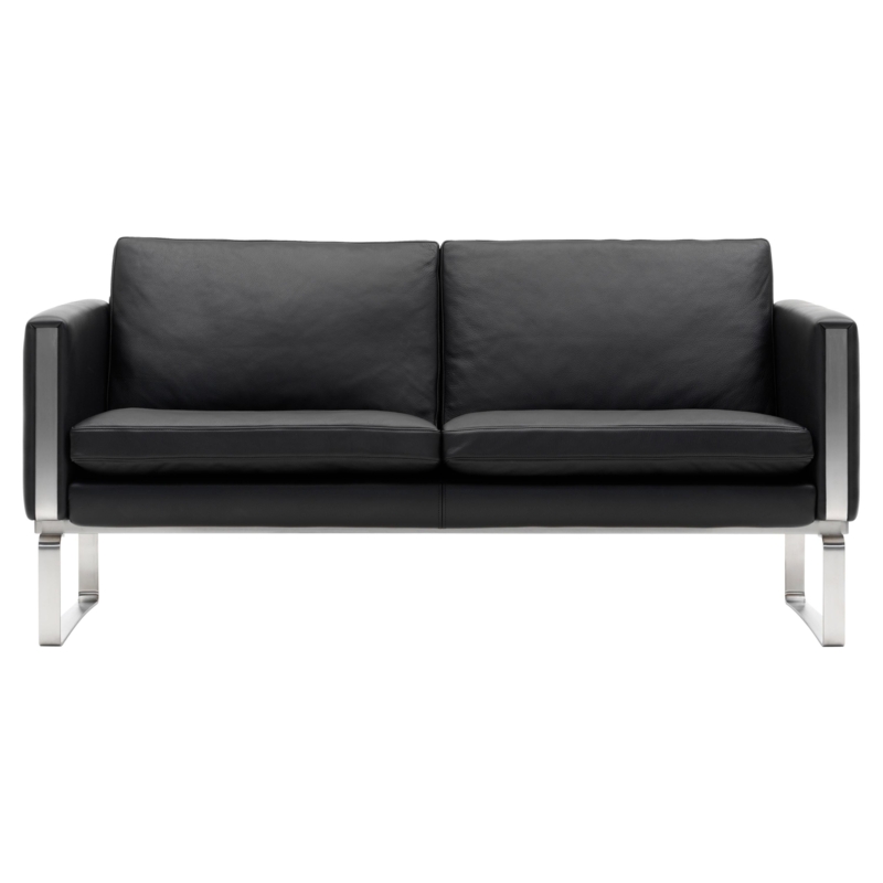 Modern Black Leather 3-Seat Sofa with Stainless Steel Frame