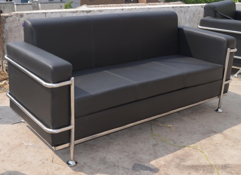 Modern Black Leather 3-Seater Steel Frame Sofa