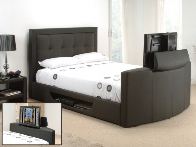 Modern Black Leather Bed with Built-in TV