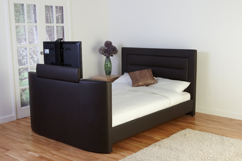 Modern Black Leather TV Bed with Built-in Footboard Screen