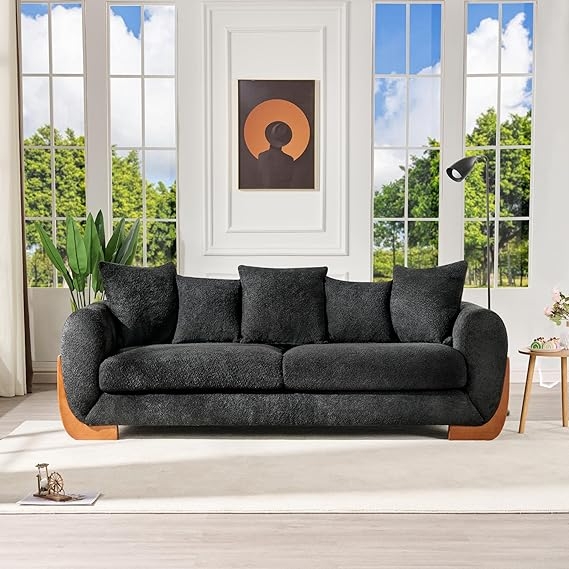 Modern Black Sherpa Cloud Couch with Wooden Accents